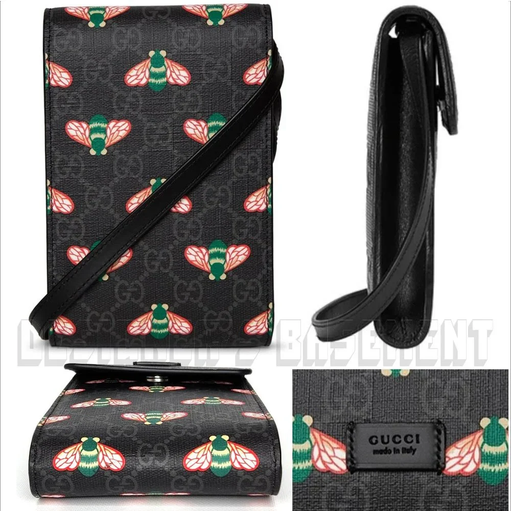 GUCCI black leather BESTIARY Bee GG Supreme black Canvas Cross Body PHONE bag 🎁